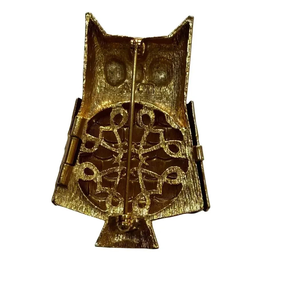 Vintage Avon Owl Perfume Brooch Locket Goldtone & green rhinestones